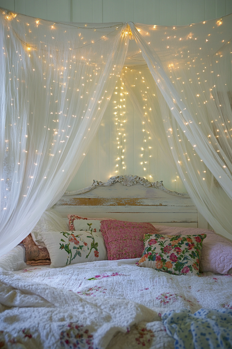 Boho whimsical bedroom. White sheer canopy bed with warm fairy lights.