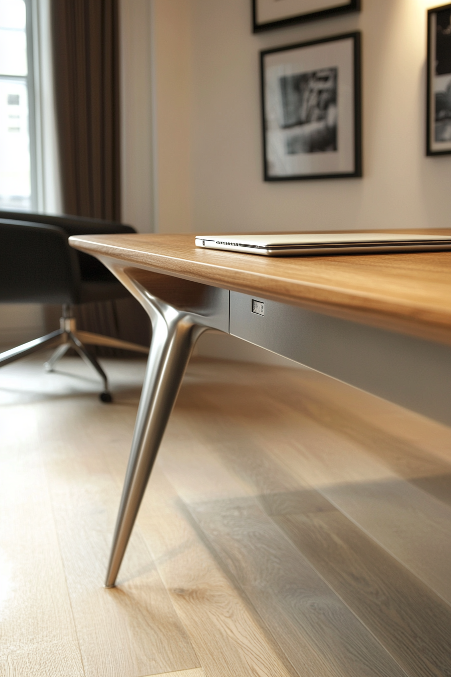 Home Office Inspiration. Modern desk with sleek steel legs and oak top.