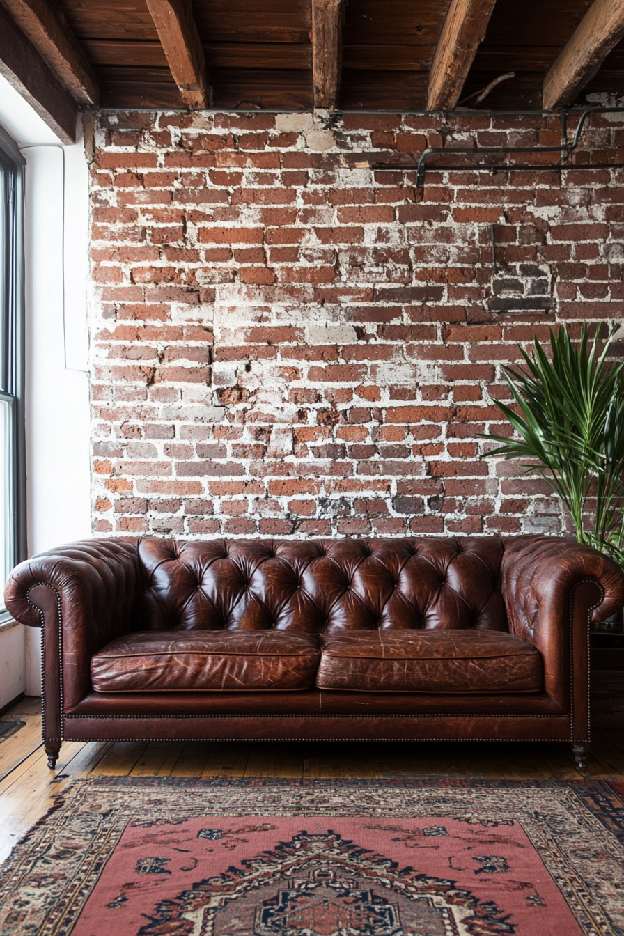 Urban tiny living room. Antique chesterfield sofa against a rust brick wallpaper.