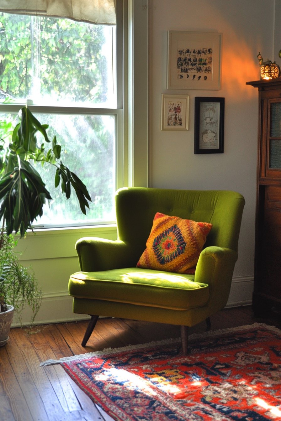 Urban tiny living room. Bright green armchair and vintage Persian rug.