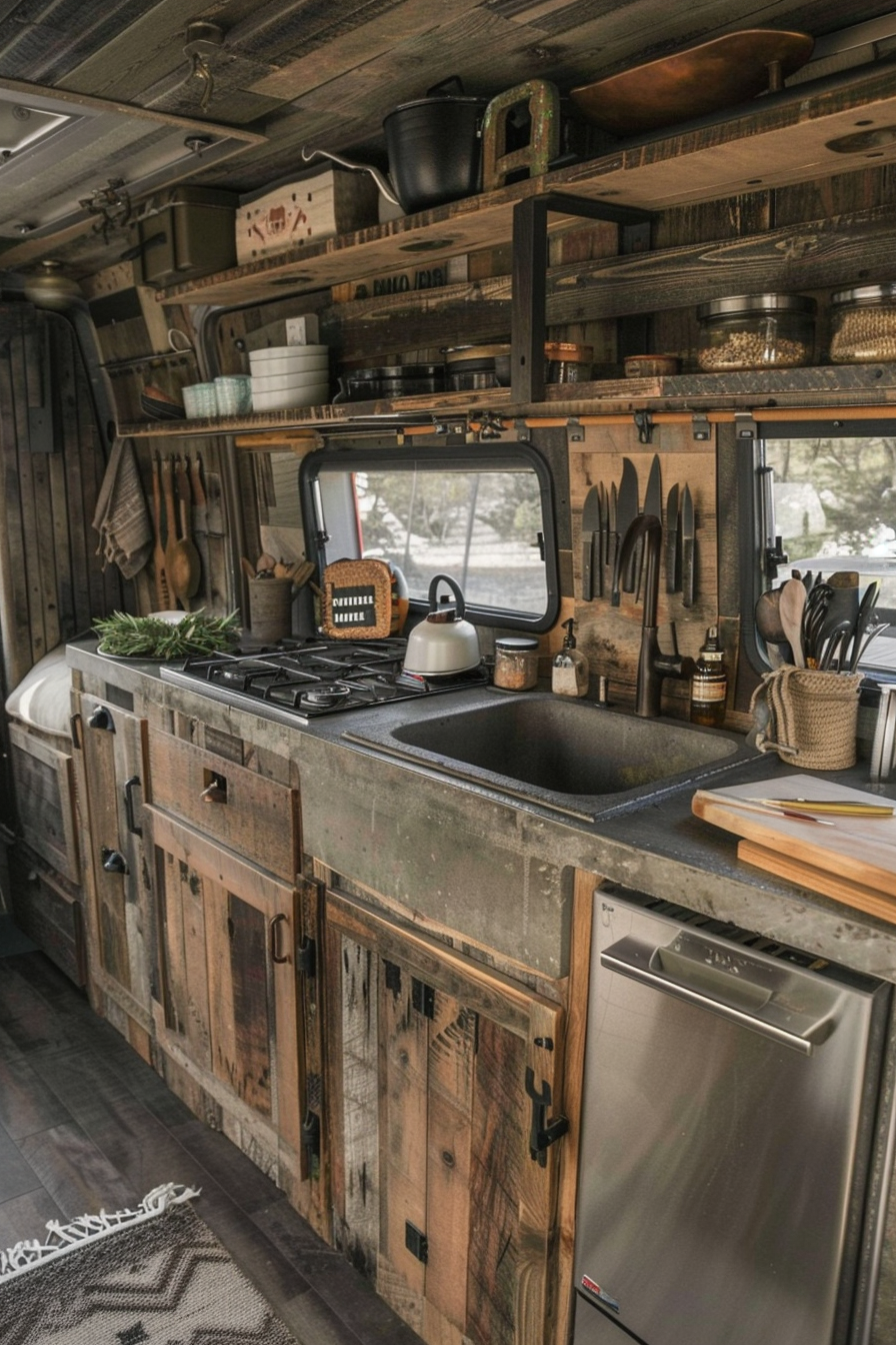 Rustic camper van kitchen. Concrete countertops with reclaimed wood cabinets.