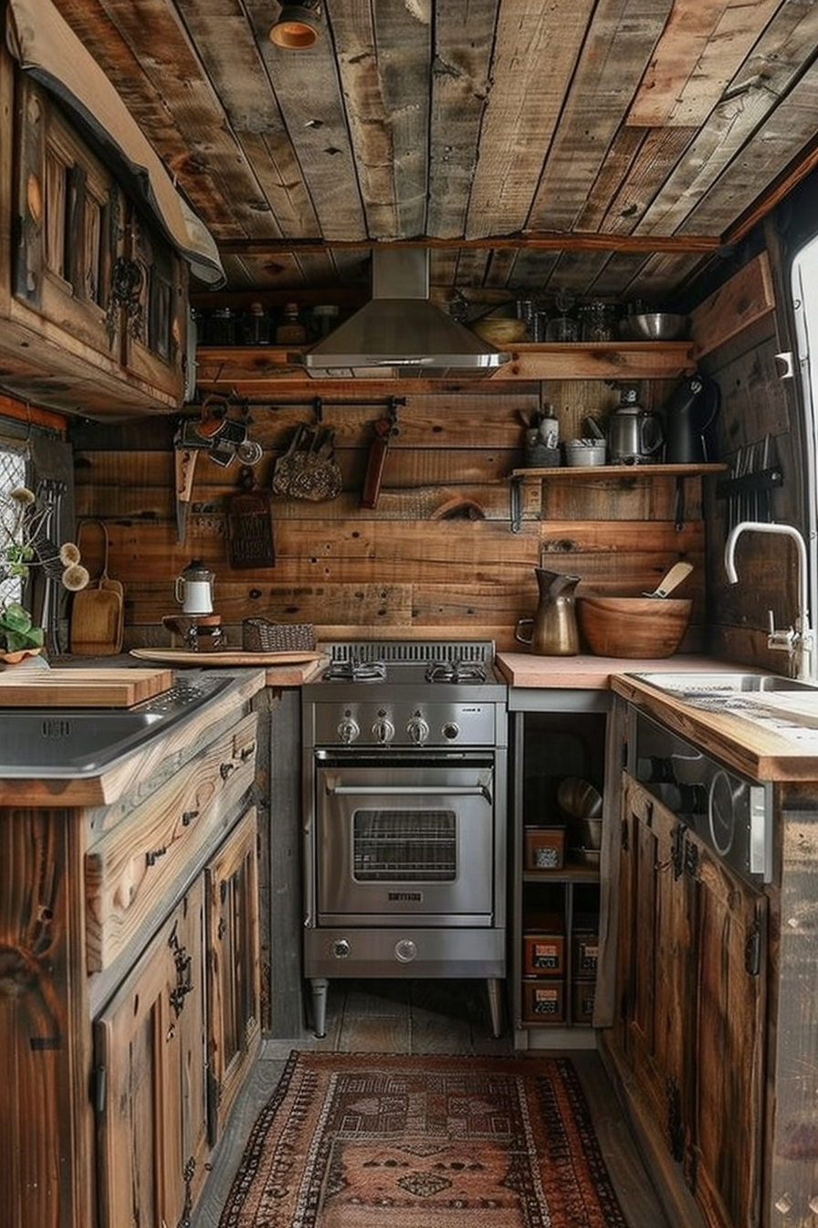 Rustic camper van kitchen. Wood panelled walls, chrome gas stove.