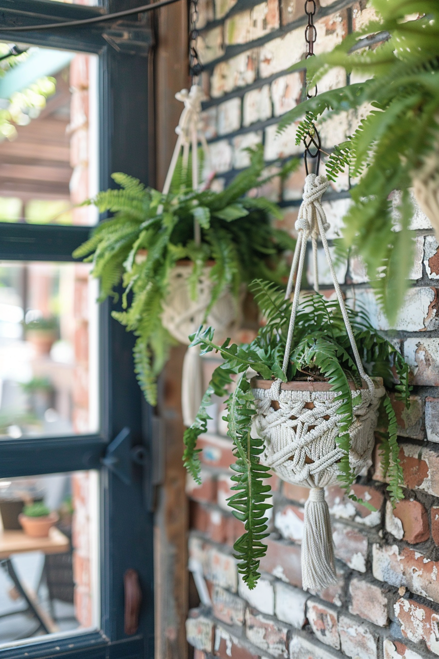 Chic Boho patio view. Hanging macrame planters with flourishing ferns against rustic brick wall.