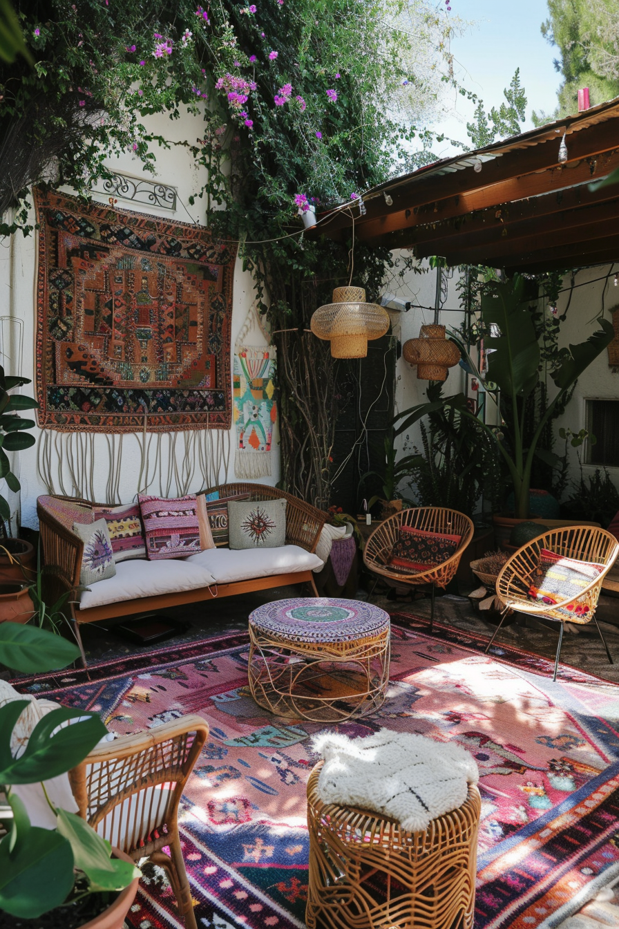 Chic Boho Patio. Macramé hangings, wicker furniture, and vibrant Moroccan rugs.