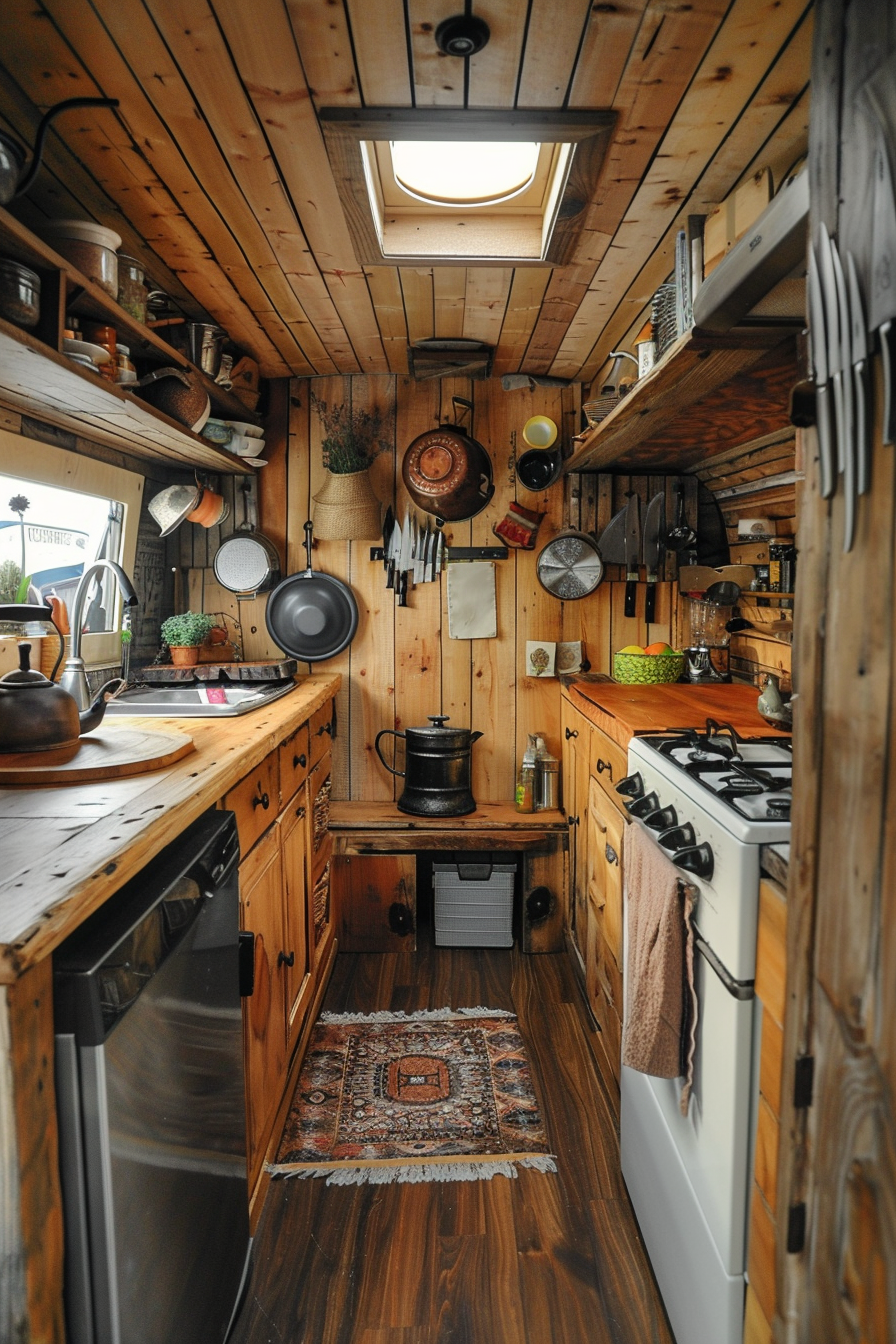 Camper Van Kitchen. Antique oak wood counters with cast-iron kettle.