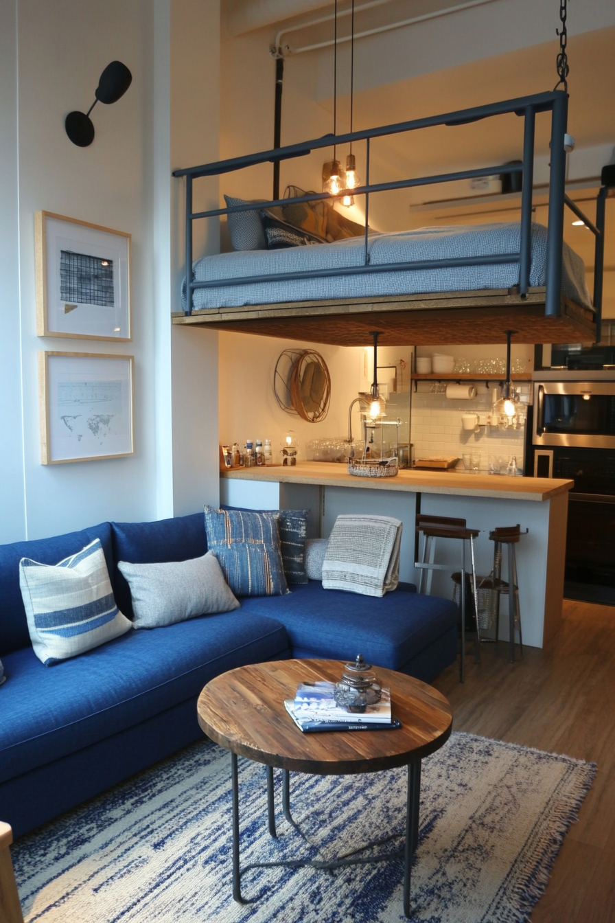 Urban tiny living room. Loft bed over a blue corner sofa with wooden coffee table.