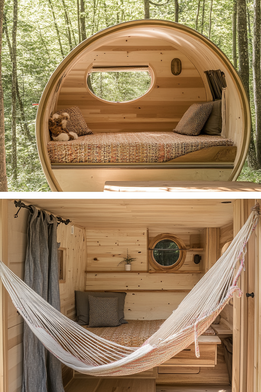 Tiny House Camper. Exterior with hammock, interior depicting built-in wooden furniture.