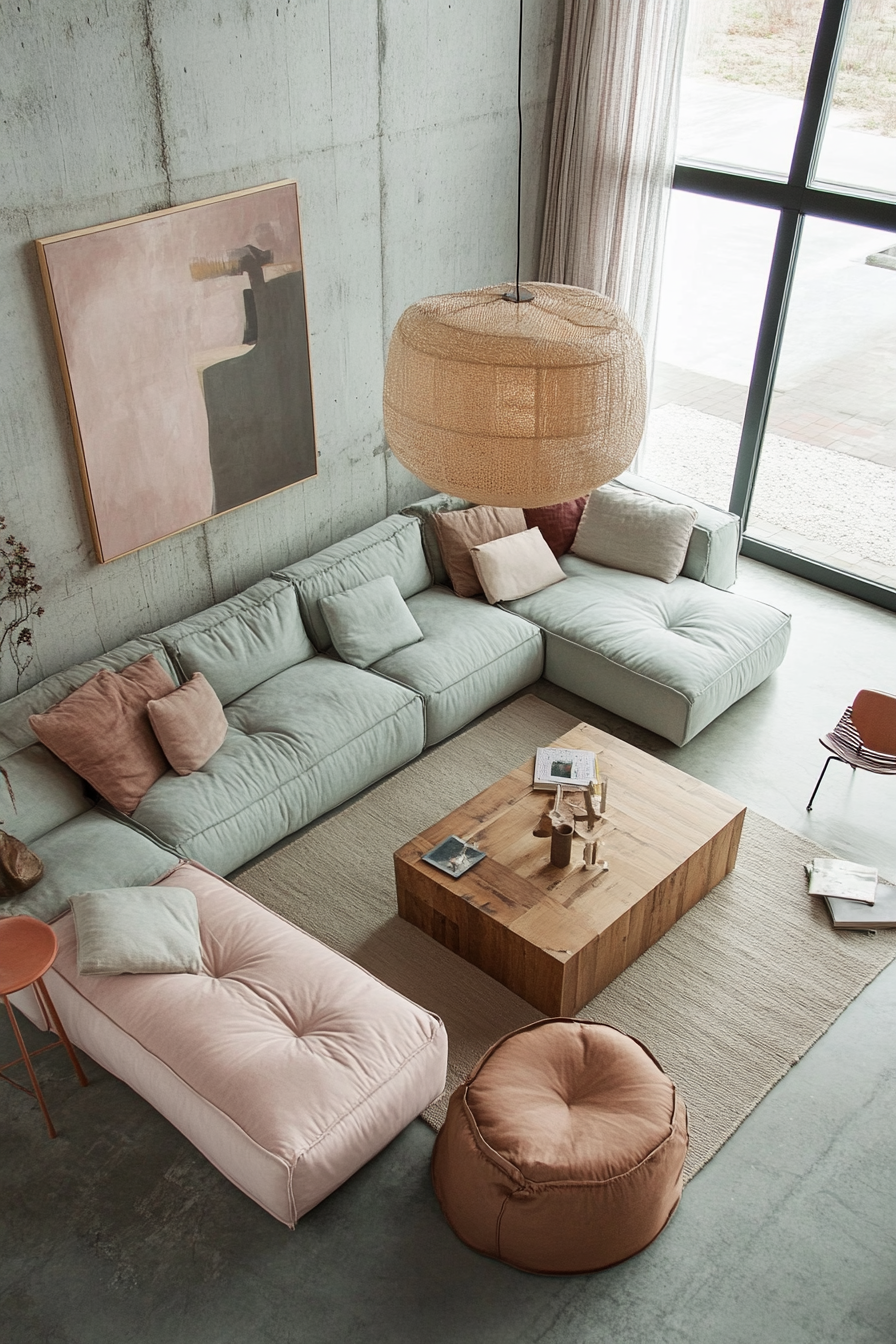 Living room inspiration. Low-profile furniture in soft pastel colors.