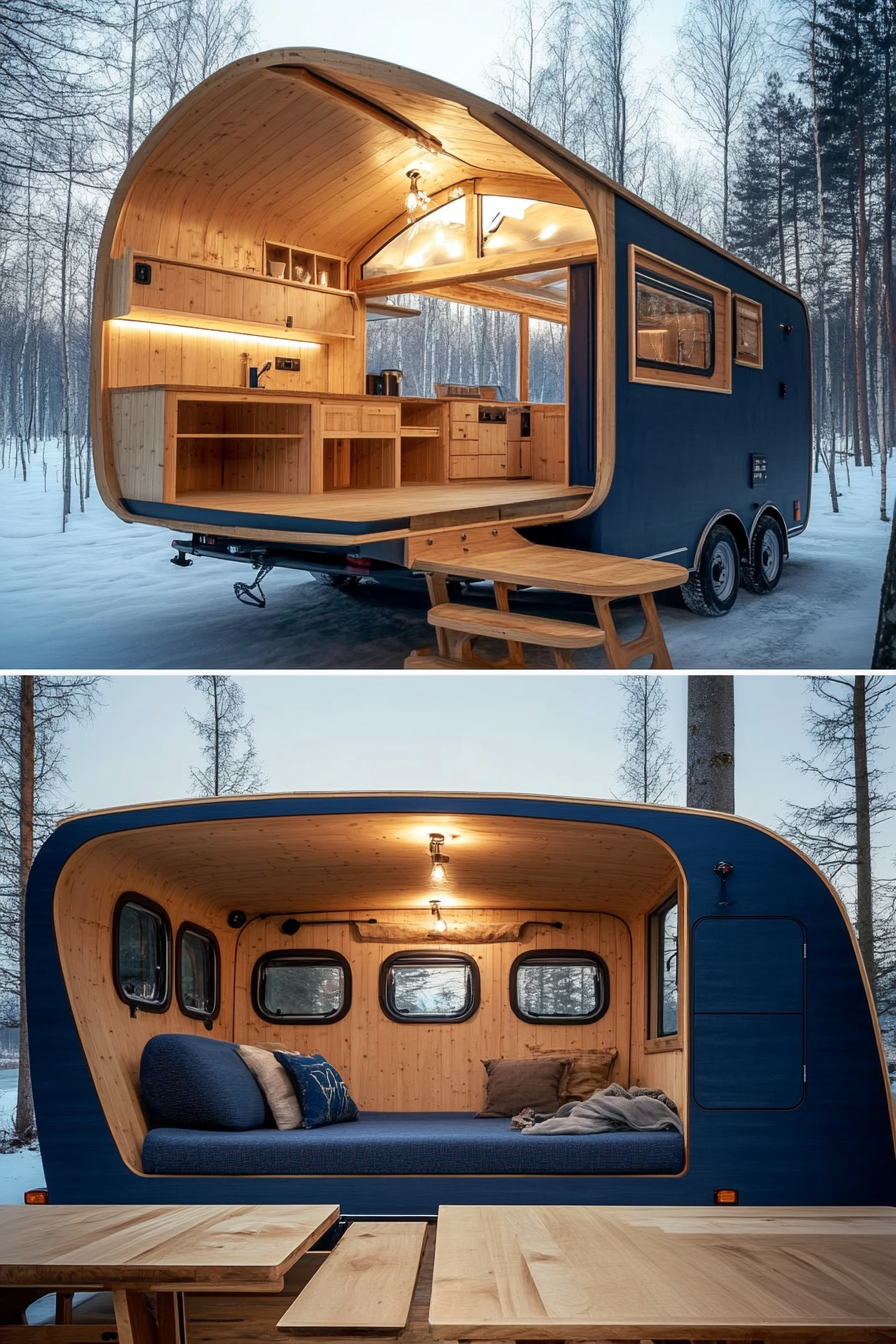 Tiny House Camper. Split image of wooden interior and blue-clad exterior.