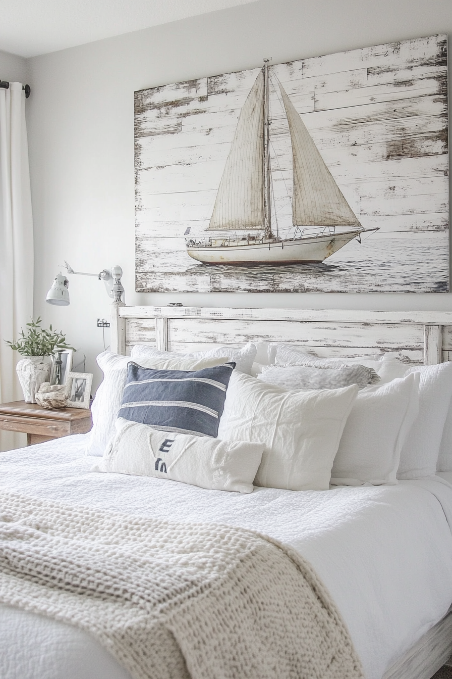 Coastal bedroom decor. white washed DIY sailboat artwork on weathered wooden boards.