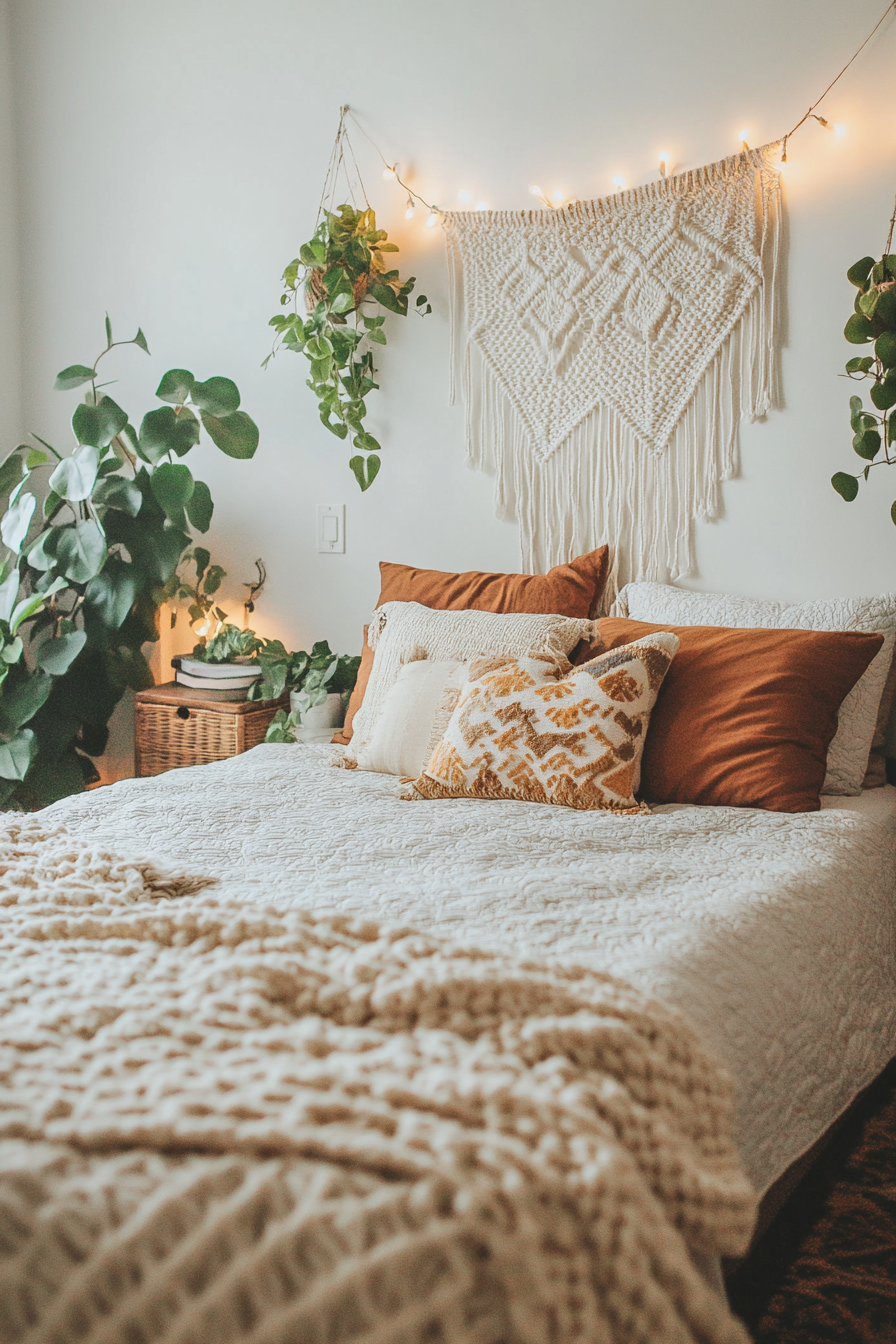 Boho bedroom. Earth tones, macrame art, succulent plants, rattan rug.