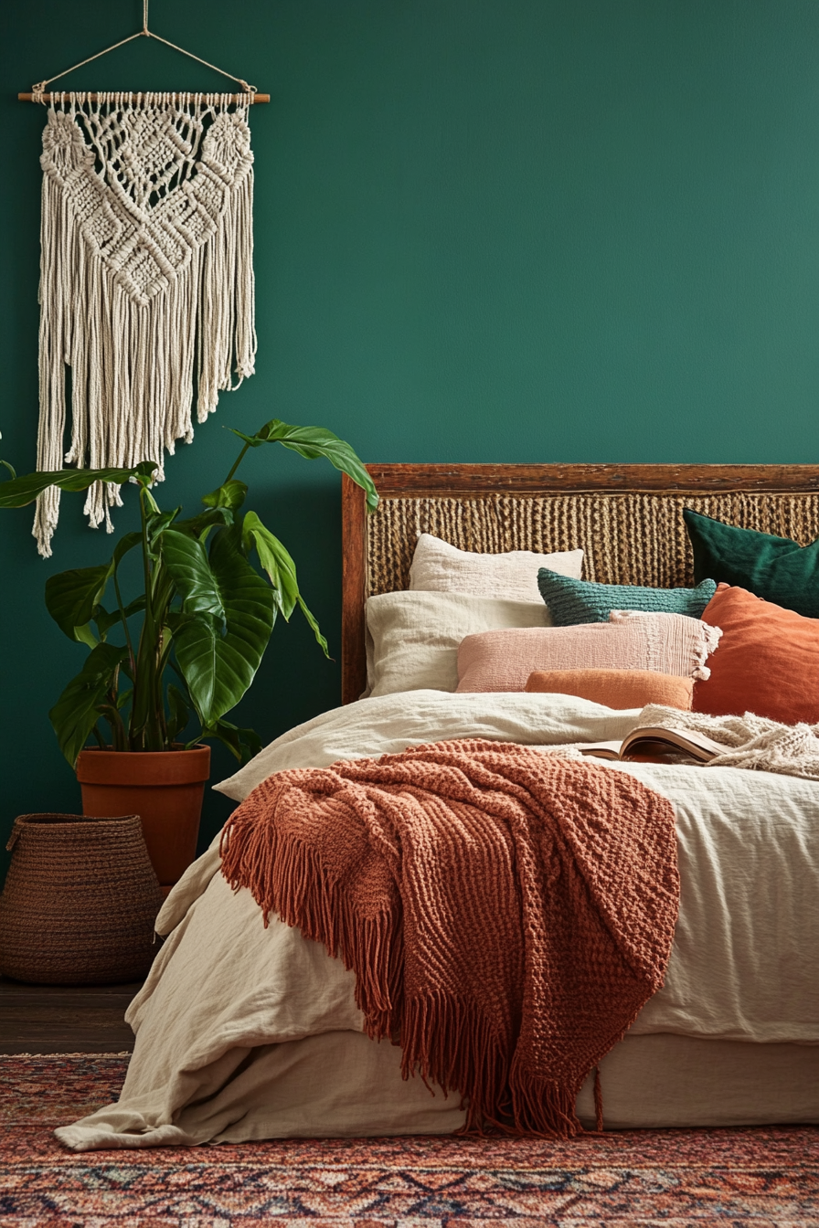 Earthy boho bedroom. Jungle green walls with macrame hangings and terracotta potted ficus plant.