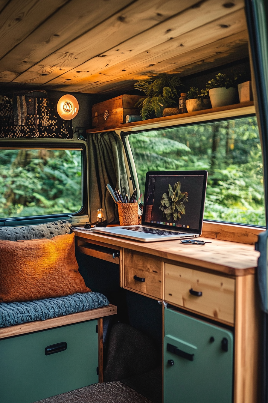 Converted van. Retro Volkswagen with desk setup by panoramic windows.