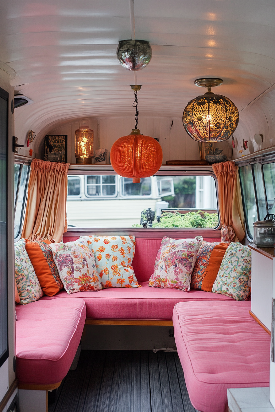 Camper interior. Coral upholstery with mismatched cushions and vintage-inspired lanterns.