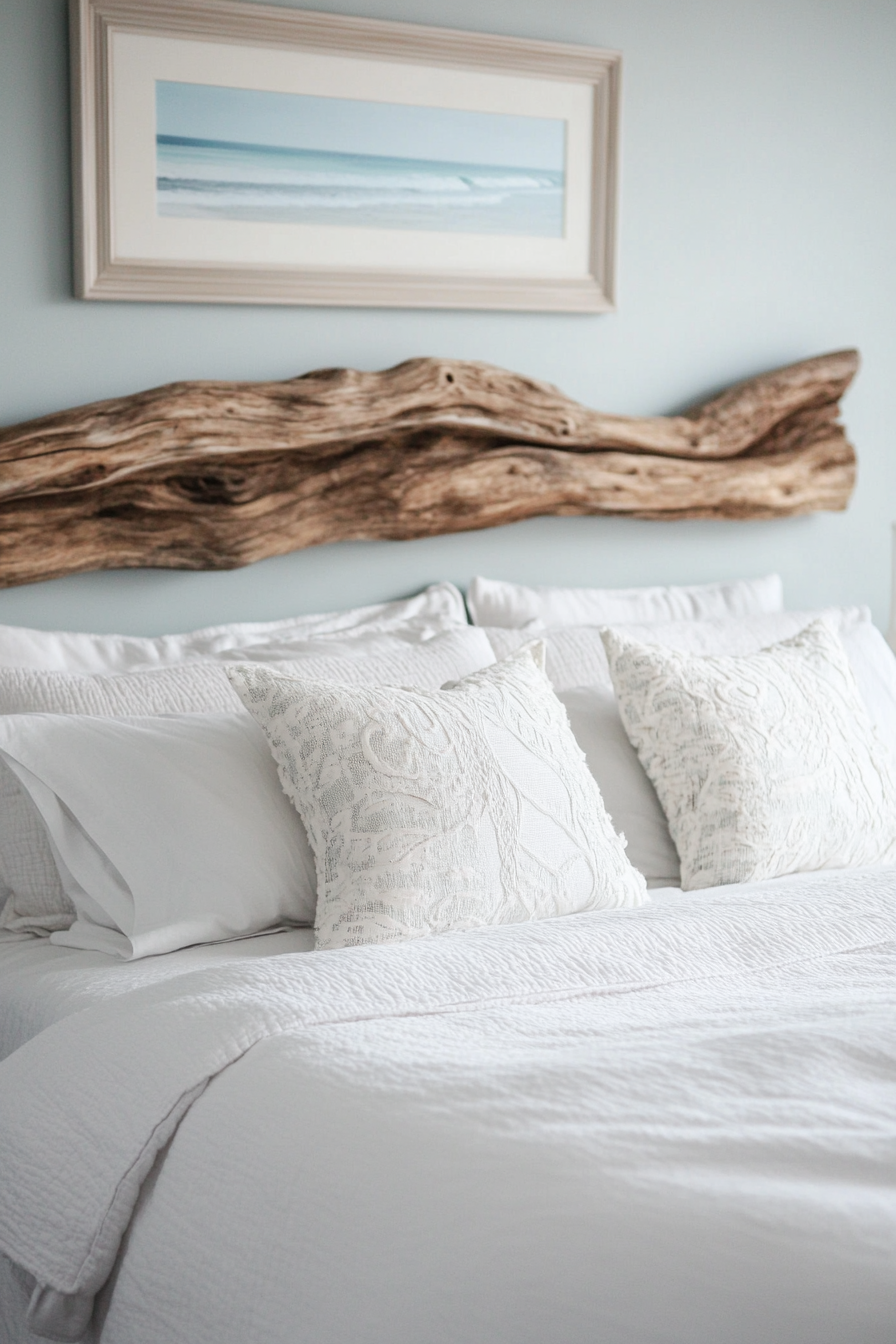 Coastal bedroom. Driftwood headboard with white linen bedding.