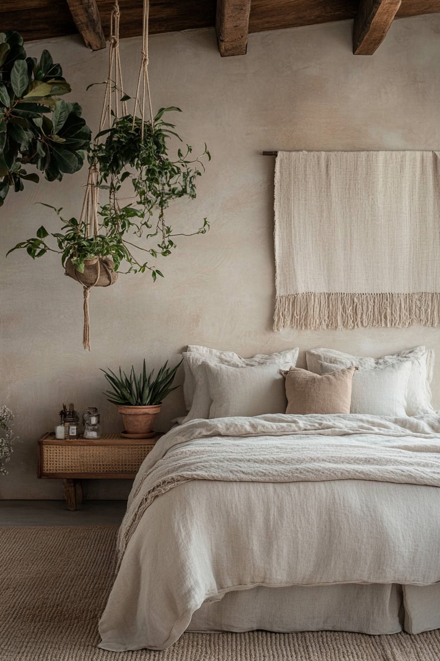 Earthy boho bedroom. Soft beige linens, large indoor hanging planters, woven tapestry.