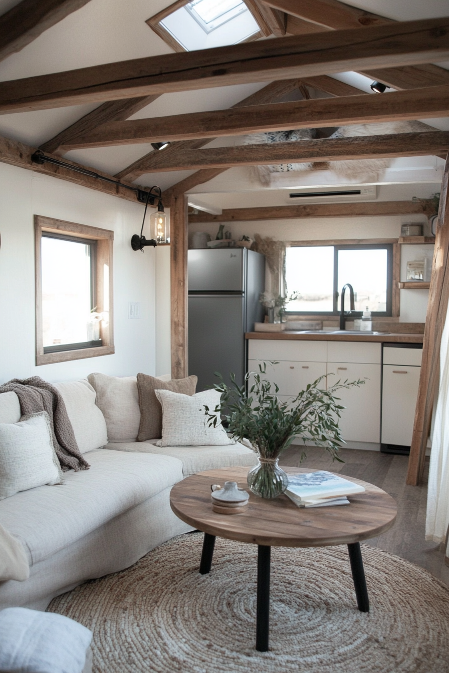 Tiny home living room. Neutral-tone futon, circular wooden coffee table, exposed beams.