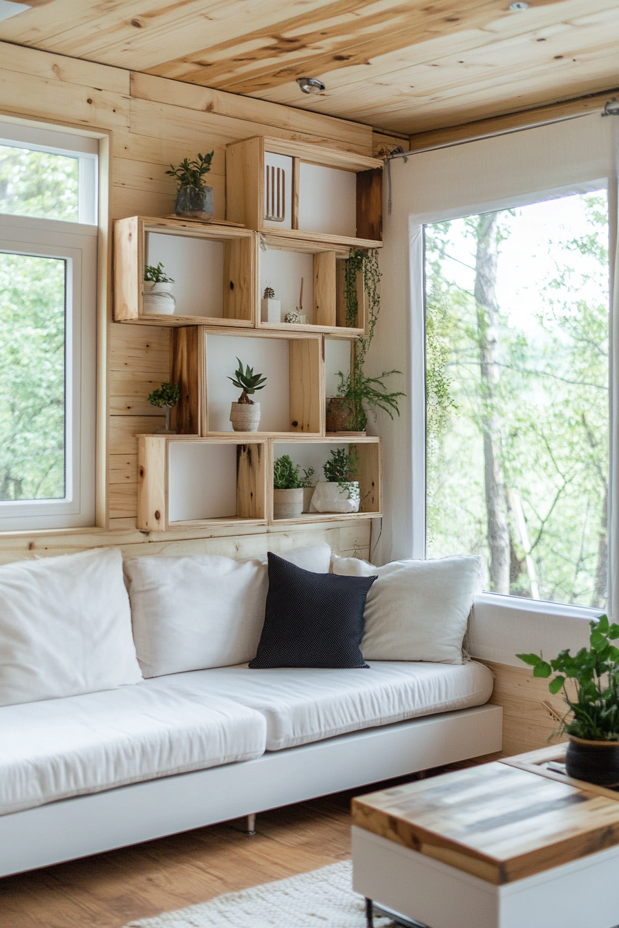 Tiny home living room. Wall-mounted wooden cube shelves near white couch.