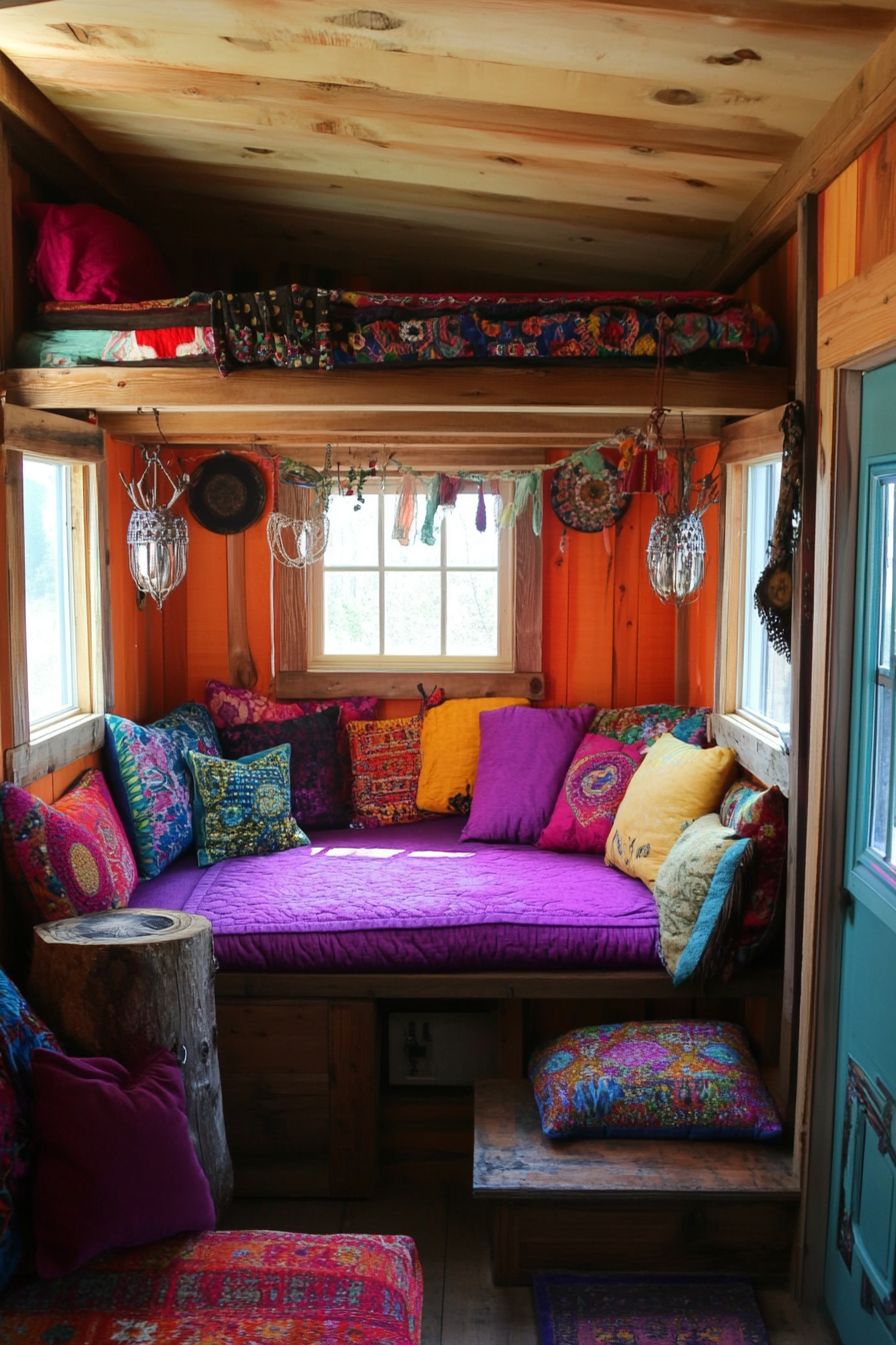 Tiny Home Living Room. Lofted sleeping area with colorful floor cushions.