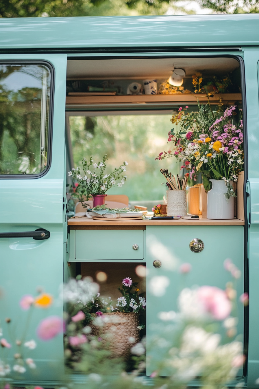 Hippie camper van. Pastel turquoise exterior, cozy interior workstation with wildflowers on the desk.