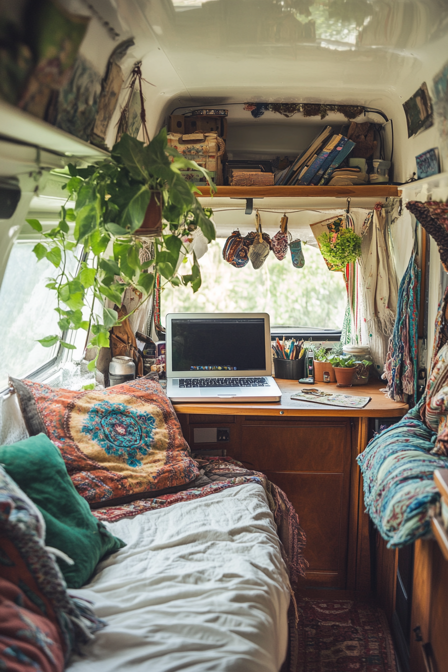 Hippie Camper Van. Desk with solar powered laptop, a hanging plant.