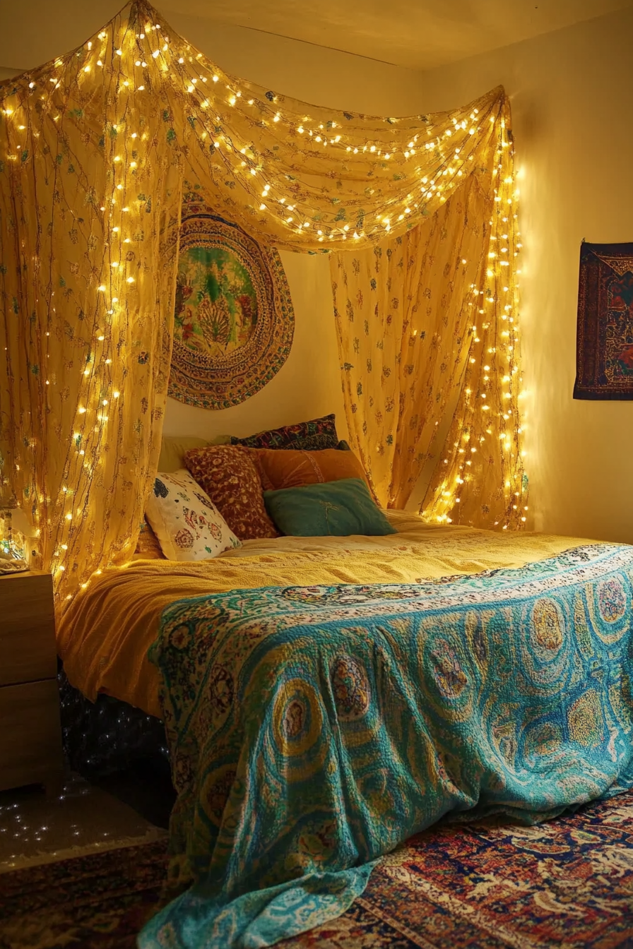 Boho whimsical bedroom. Fairy lights wound around draped yellow and turquoise tapestries.