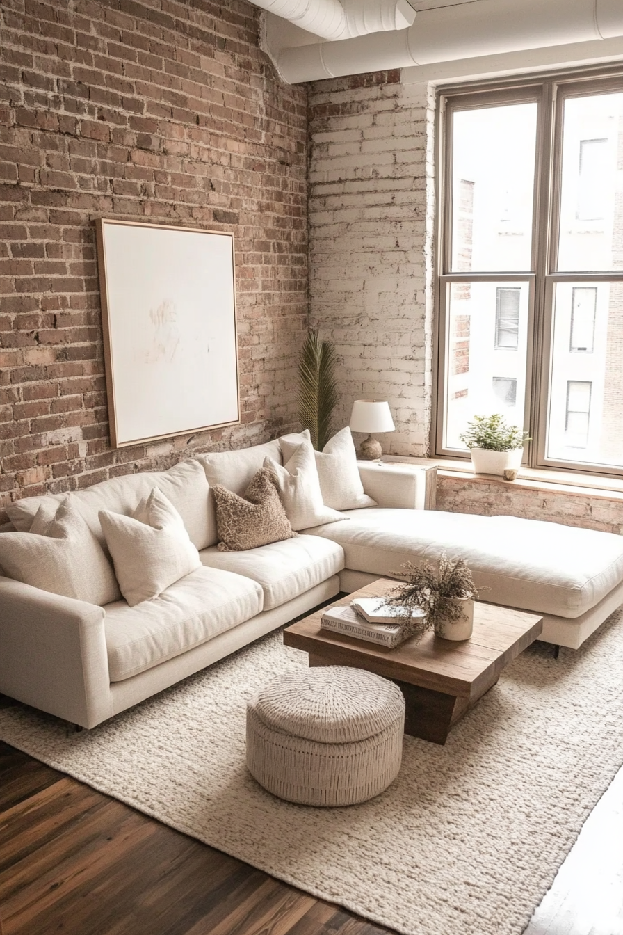 Urban tiny living room. Minimalist furniture with neutral colors under exposed brick walls.