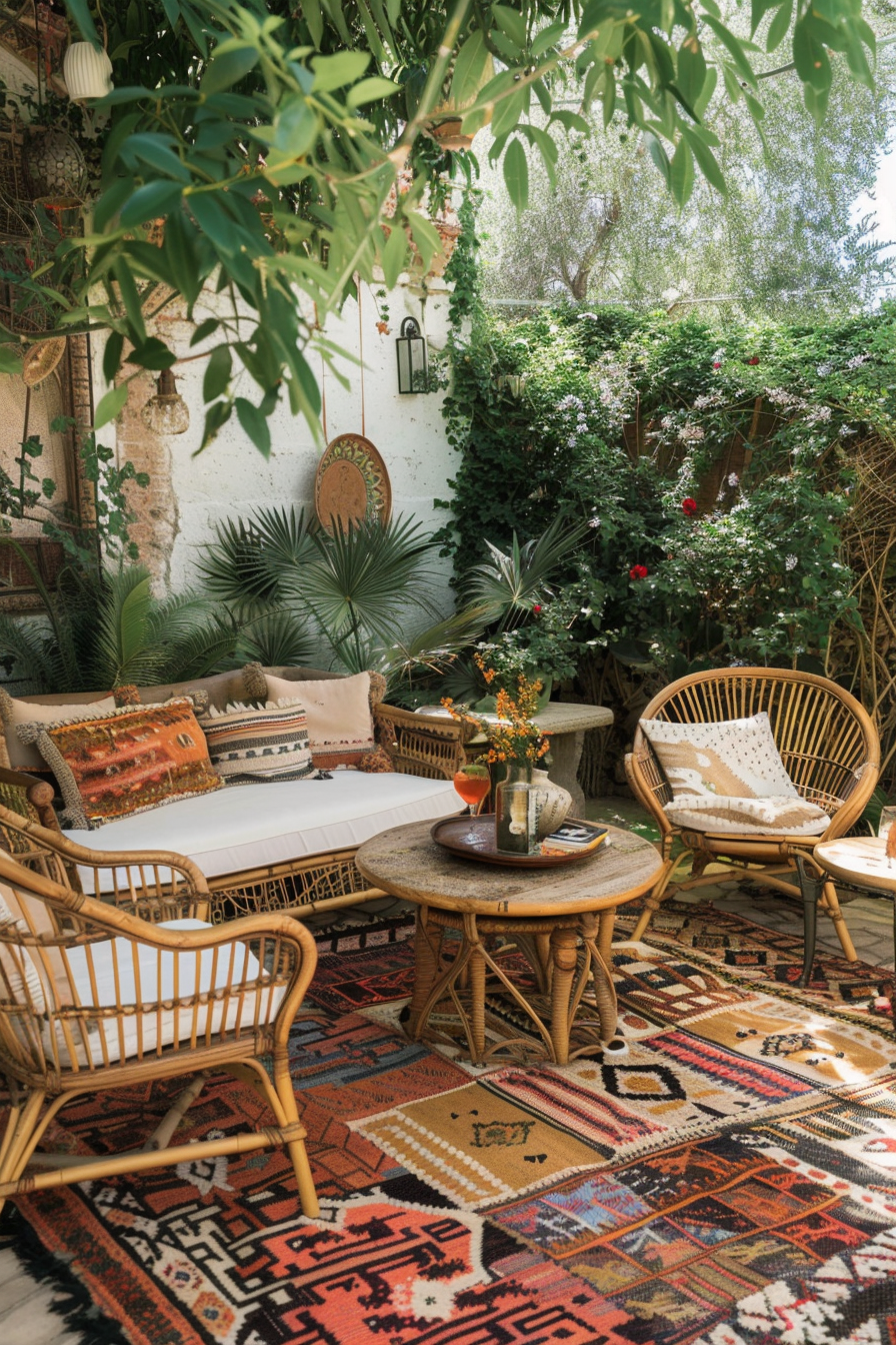 Chic Boho Patio. Rattan furniture paired with patterned cushions and layered rugs.