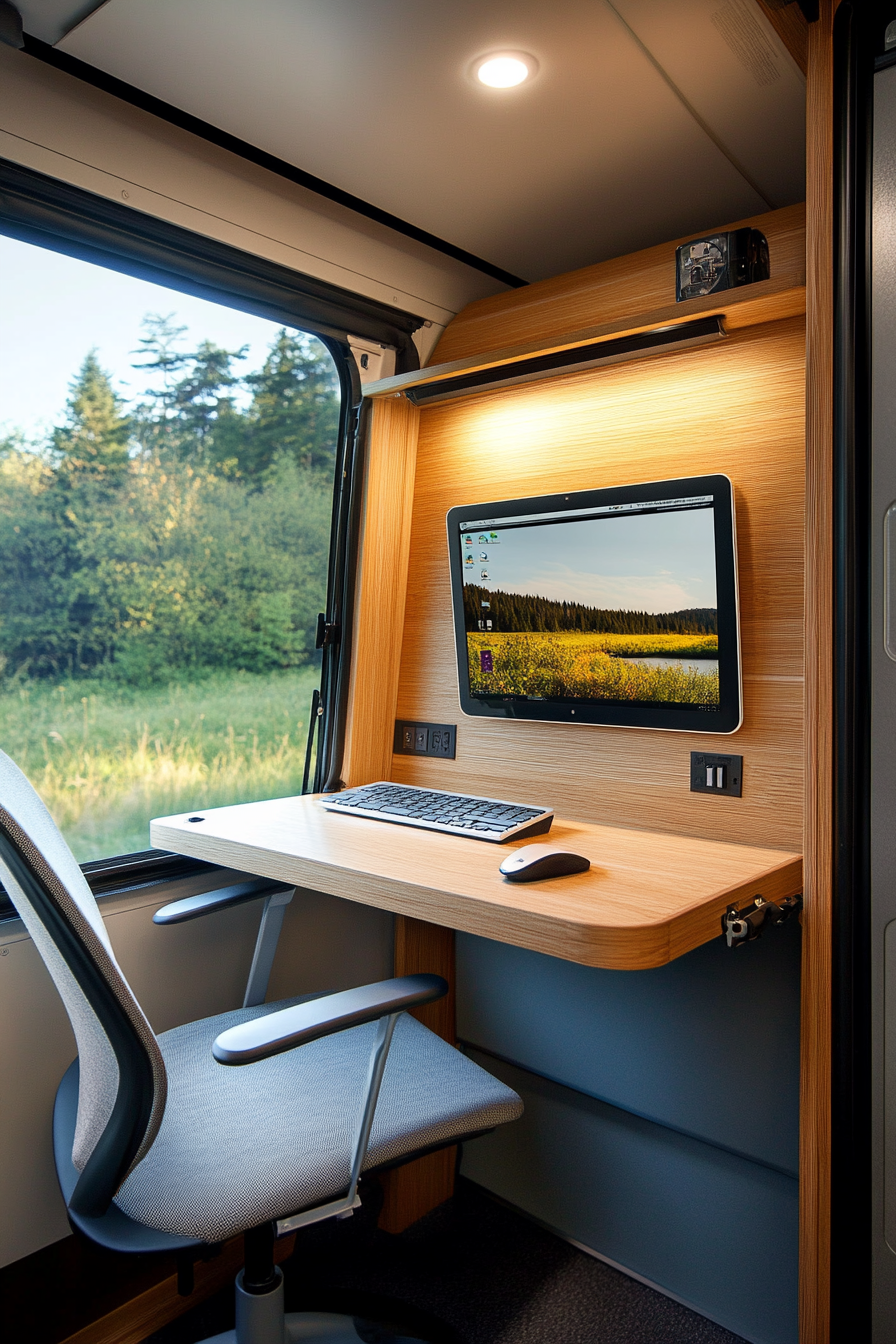 Mobile office space within an RV. Wall-mounted foldable desk and ergonomic chair.