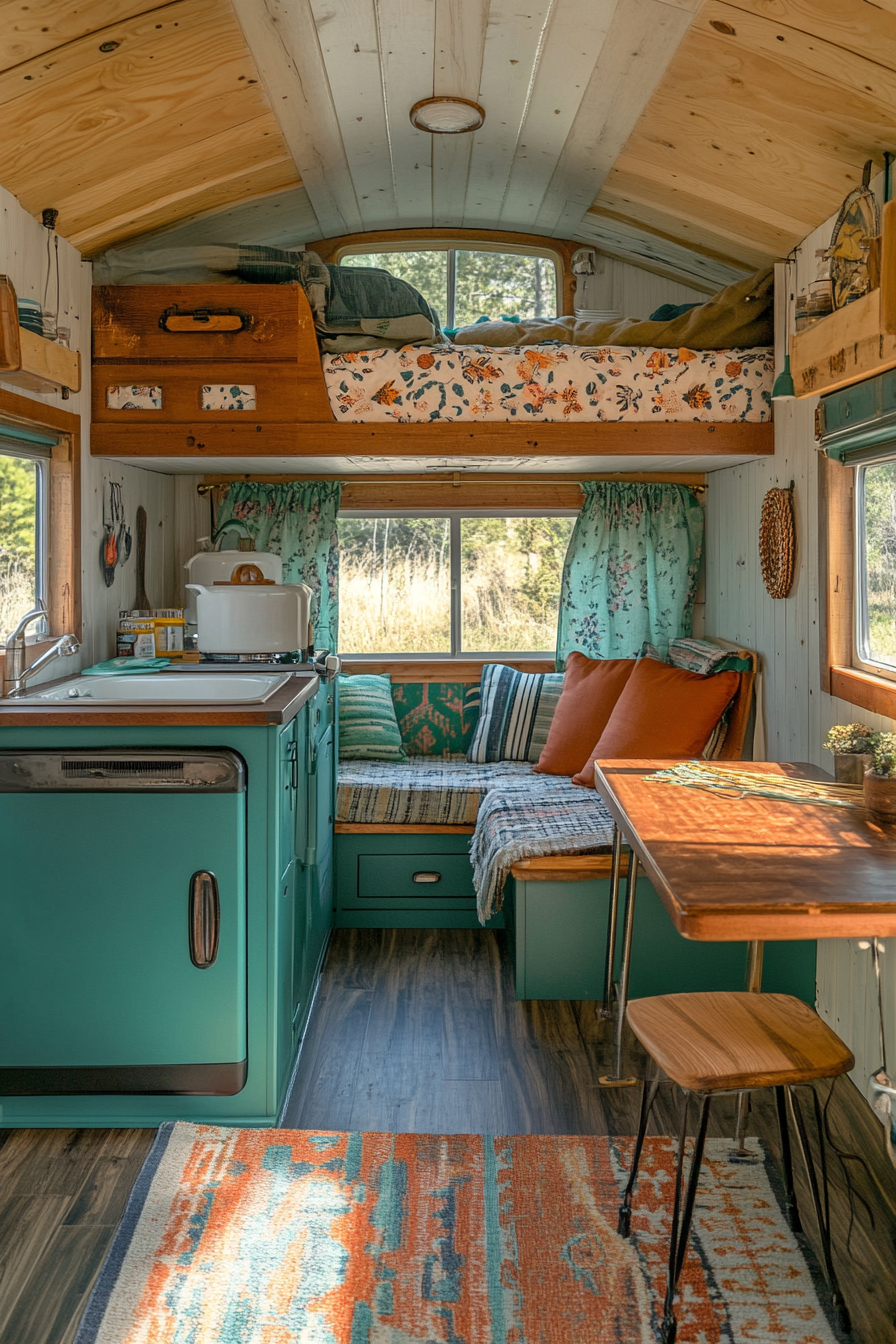 Split image. Tiny house camper, int./ext., teal retro theme, exposed wooden interiors.