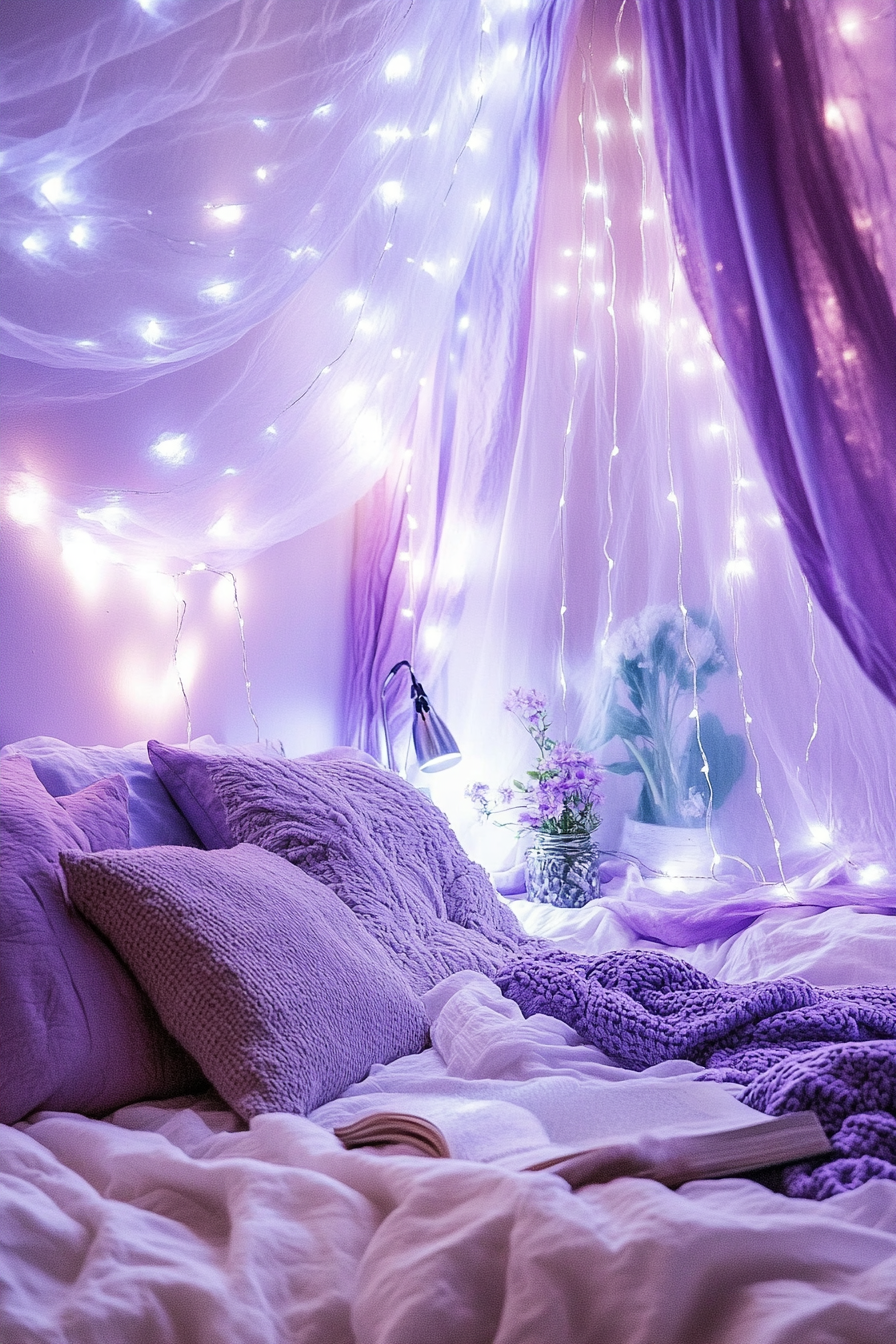 Boho whimsical bedroom. Lavender walls with draped gossamer fairy lights.