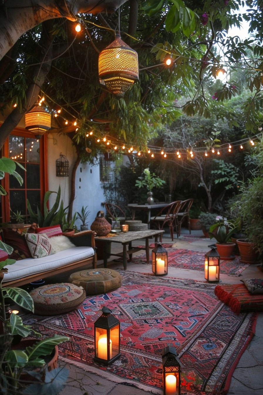 Chic Boho Patio. Colorful Persian rugs, candles, and hanging bamboo lanterns.