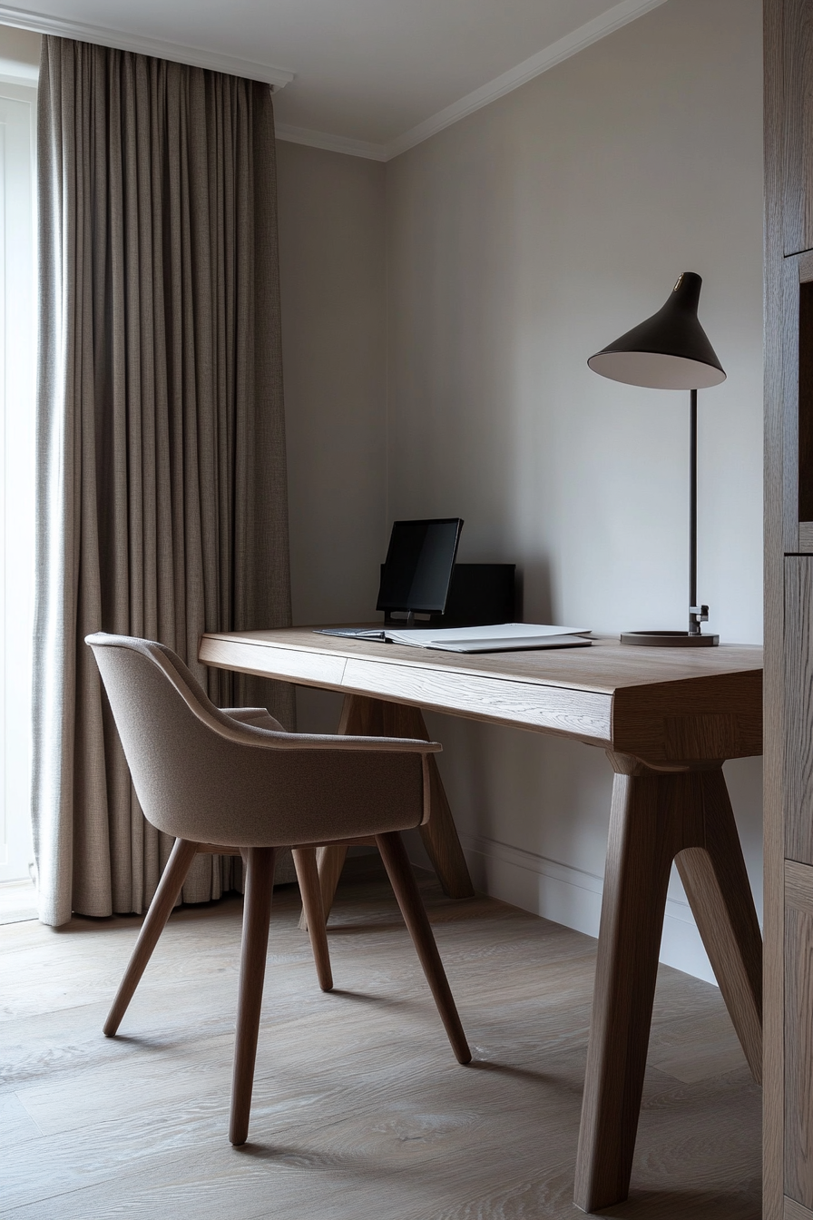 Home office inspiration. Sleek oak writing desk with ergonomic chair.