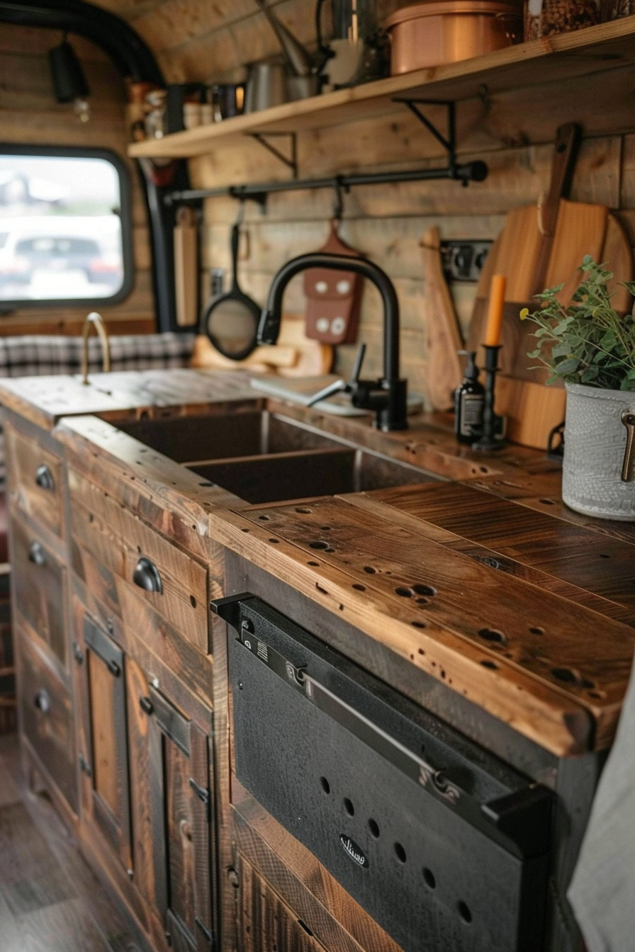 Camper van kitchen. Rustic wood countertops and cabinets with black hardware.