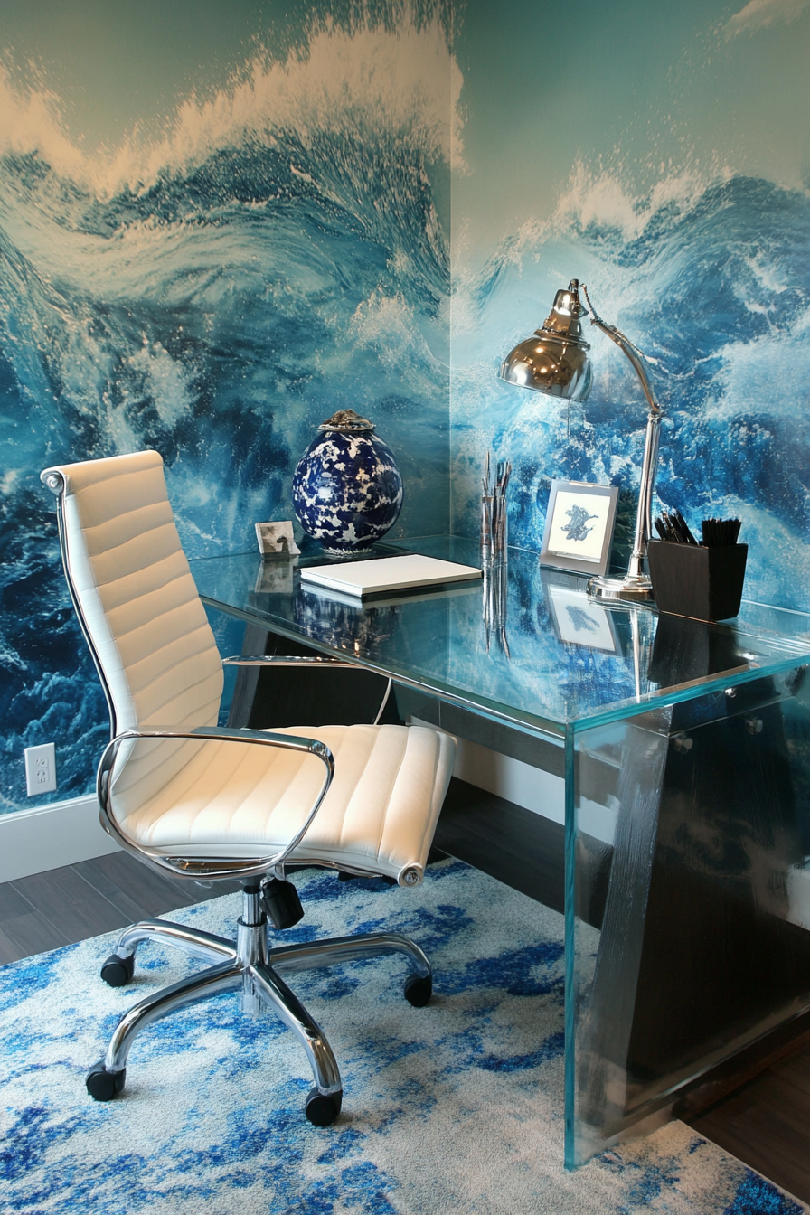 Home office. Glass-top desk with ergonomic chair and ocean-themed wallpaper.