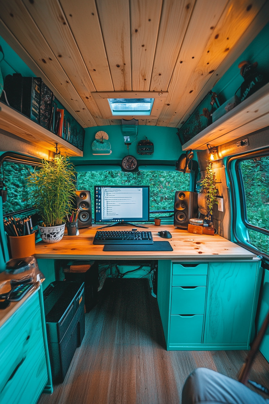 Camper van. Turquoise exterior, mechanical keyboard, LED monitor, bamboo plant.