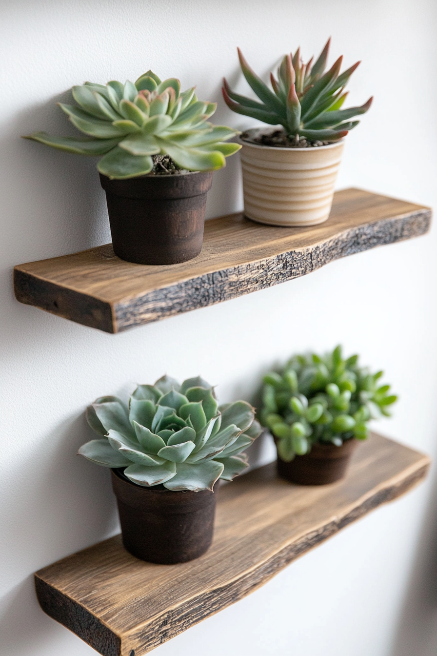 DIY Wall Decor. Floating wood shelves with potted succulents.