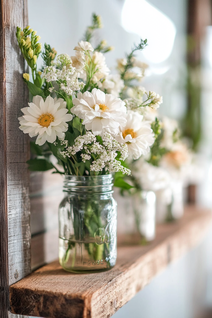 DIY Wall decor idea. Mason jar floral arrangement on rustic wooden boards.