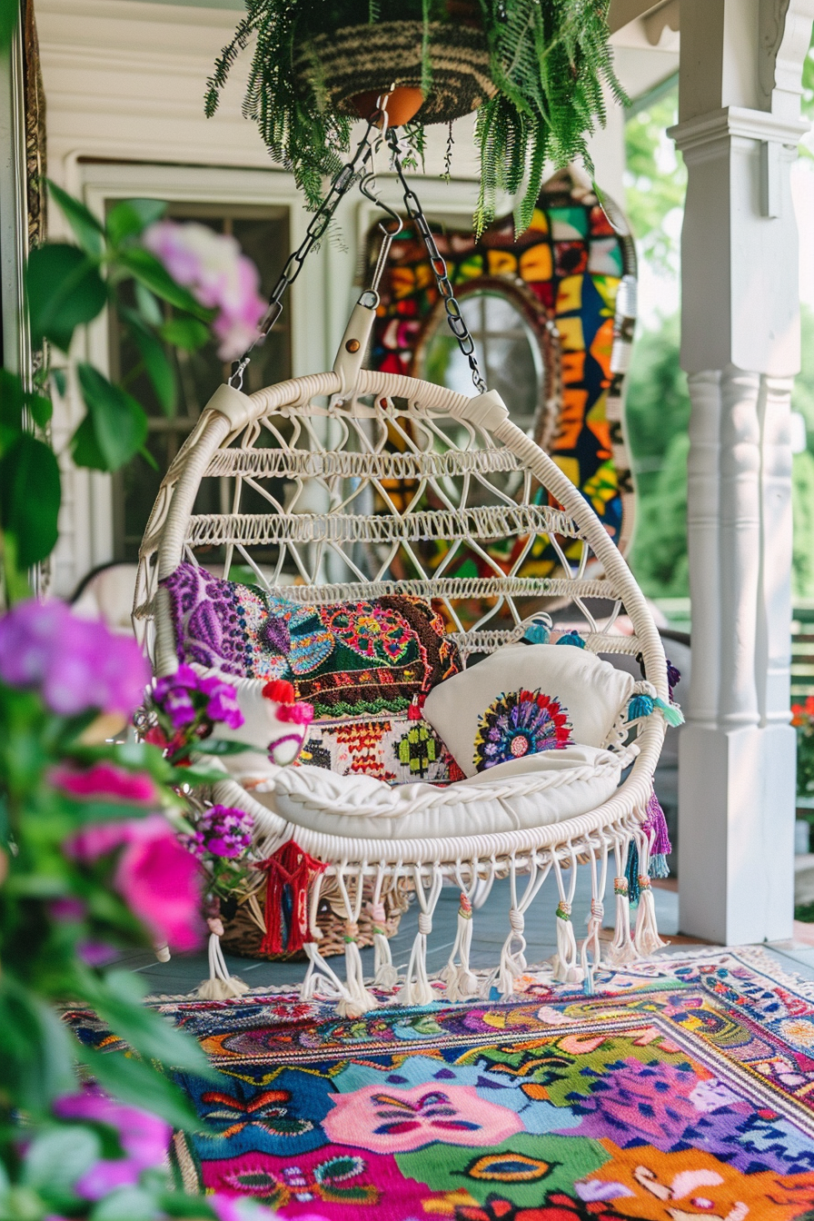 Chic Boho Patio. Comfortable rattan swing chair adorned with colorful makrame.