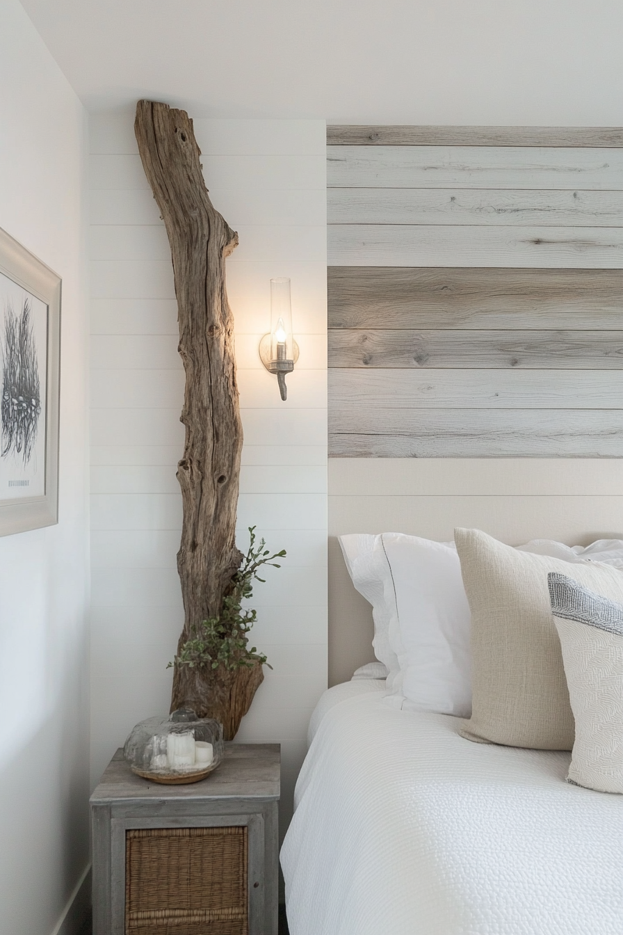 Coastal bedroom. DIY driftwood wall torch sconces.