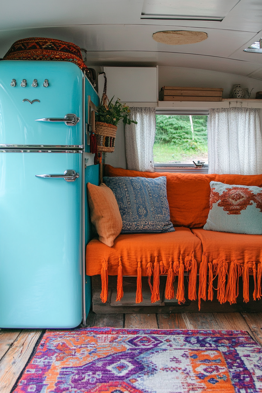 Camper interior. Turquoise fridge, orange tasselled cushions, Moroccan rug.