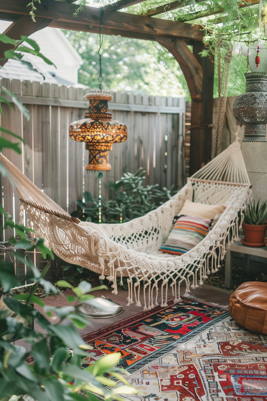 Chic Boho patio. Macramé hammock, succulents, and Moroccan lanterns.