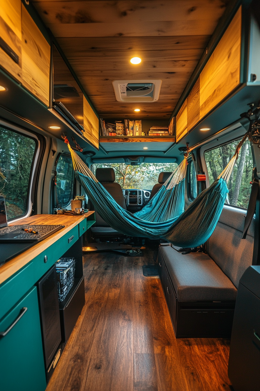 Converted van. Teal dual-functioning desk and teardrop hammock