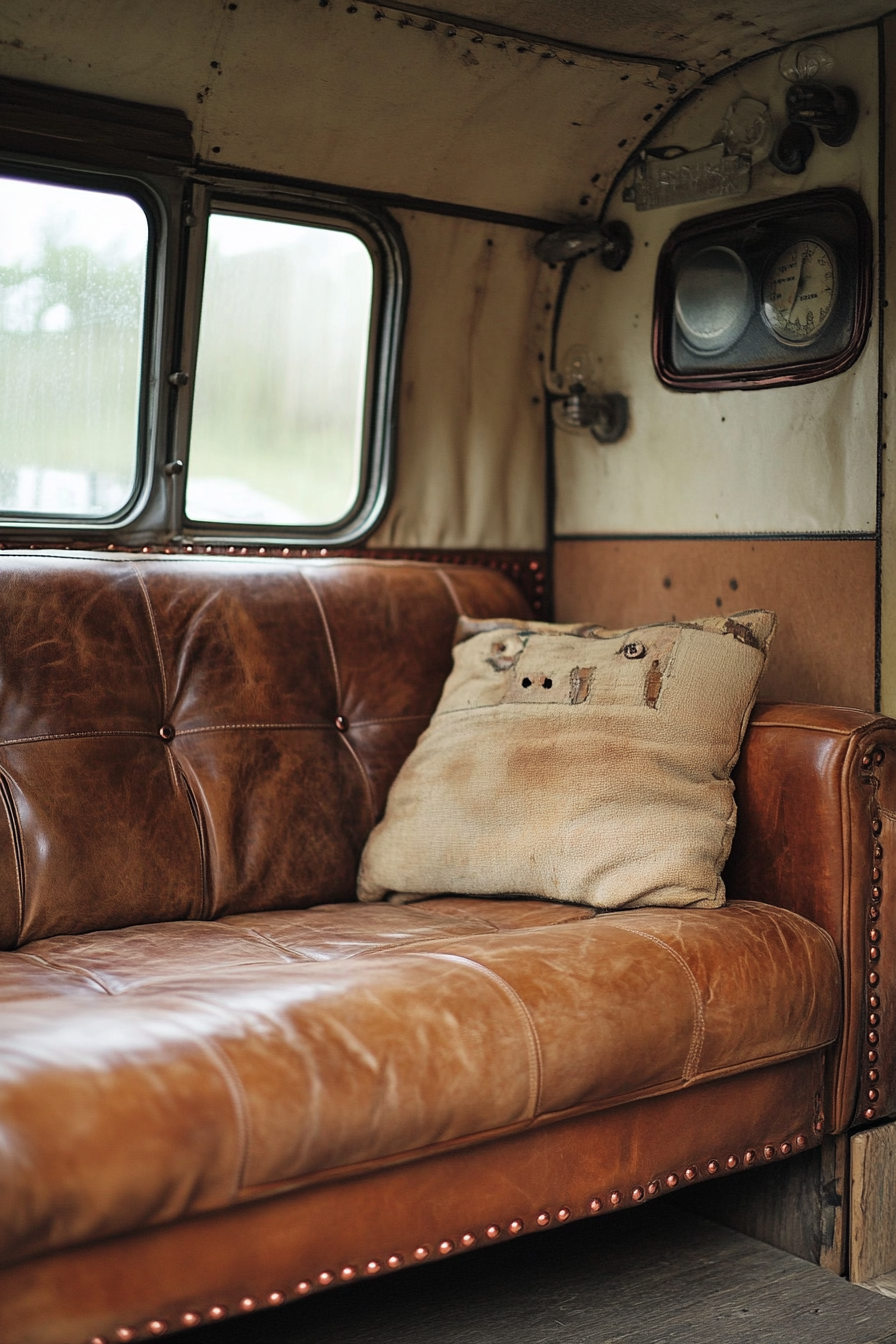 Camper van. Distressed leather sofa with copper piping.