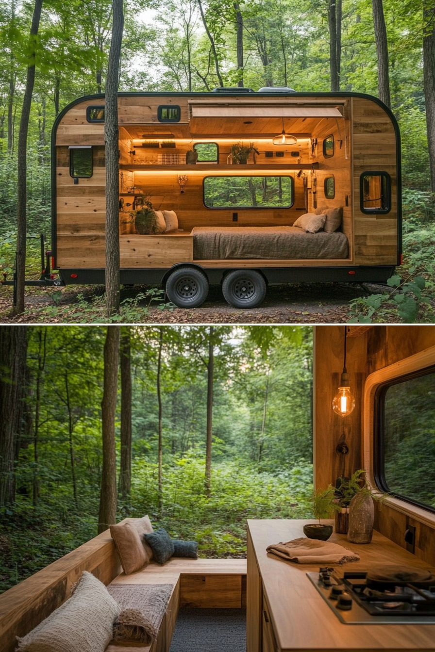 Split image. Tiny House Camper. Interior: fused bunk dining area. Exterior: lush bordering forest.