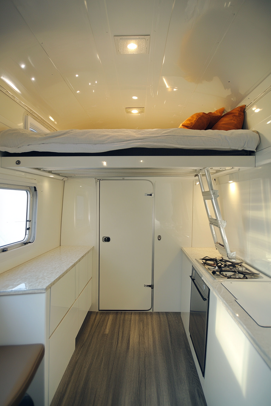 Tiny house camper. Loft bed interior and glossy aluminum exterior.