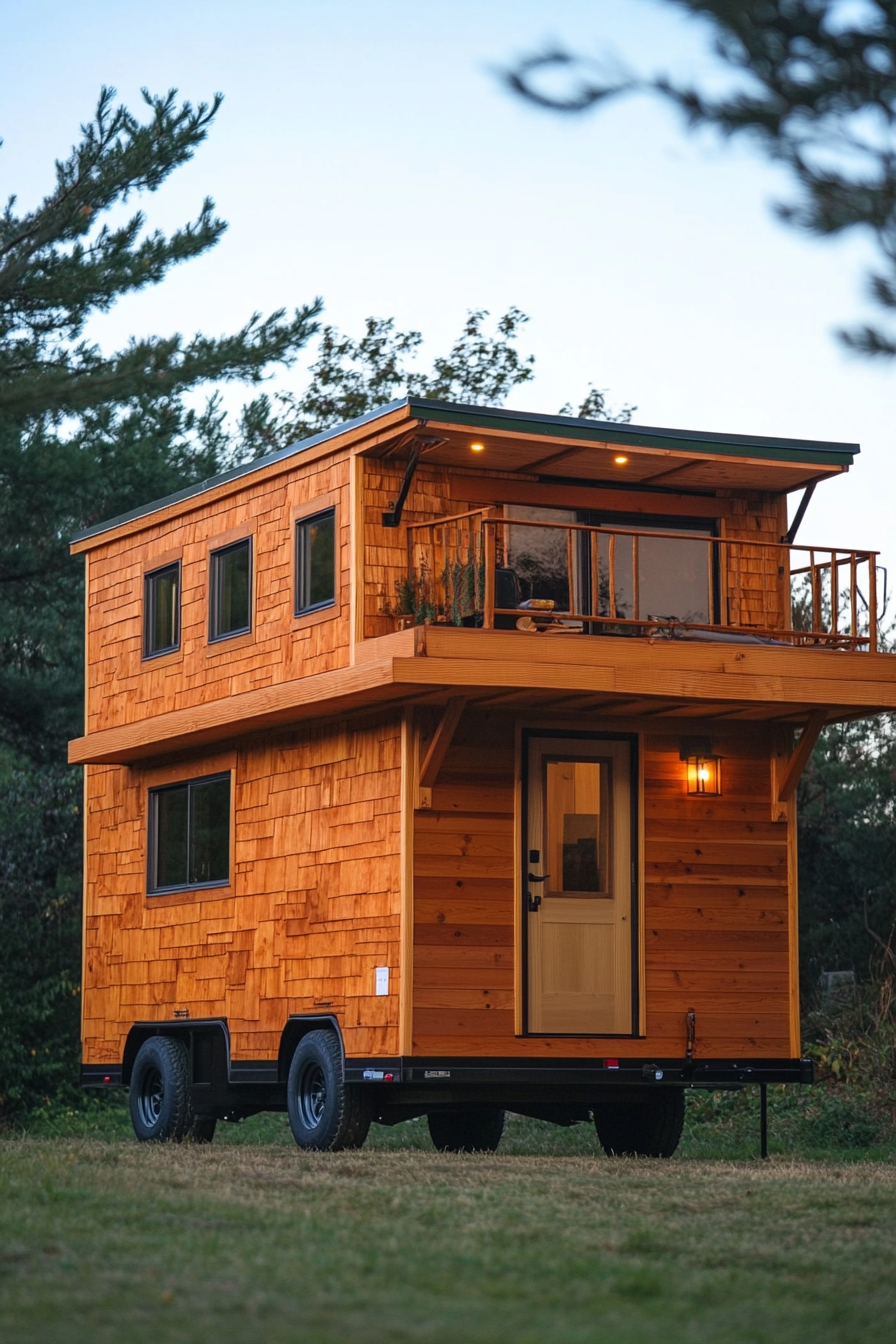 Tiny House Camper. Cedar exterior with rooftop deck, cozy loft interior.