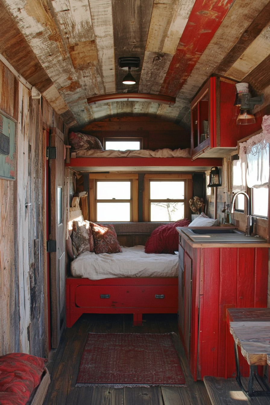 Tiny house camper. Distressed wood interior and red housings exterior.