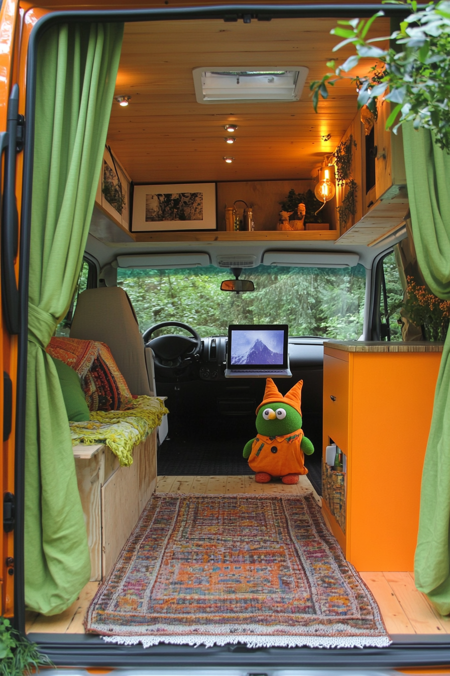 Camper van. Orange exterior, green curtains, Wonka Gnome laptop stand.