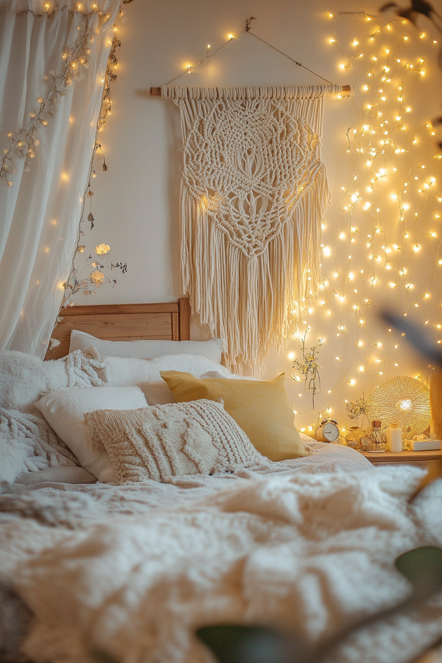 Boho whimsical bedroom. Macramé wall hanging beside a twinkling canary yellow fairy light display.